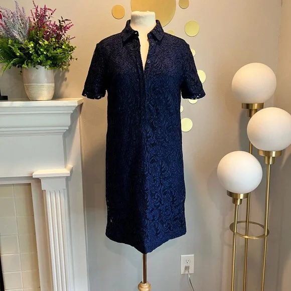 Burberry Ladies Navy Blue Floral Lace Shirt Dress - Picture 8 of 11